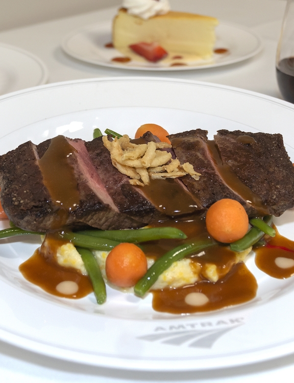 onboard amtrak traditional dining - steak meal