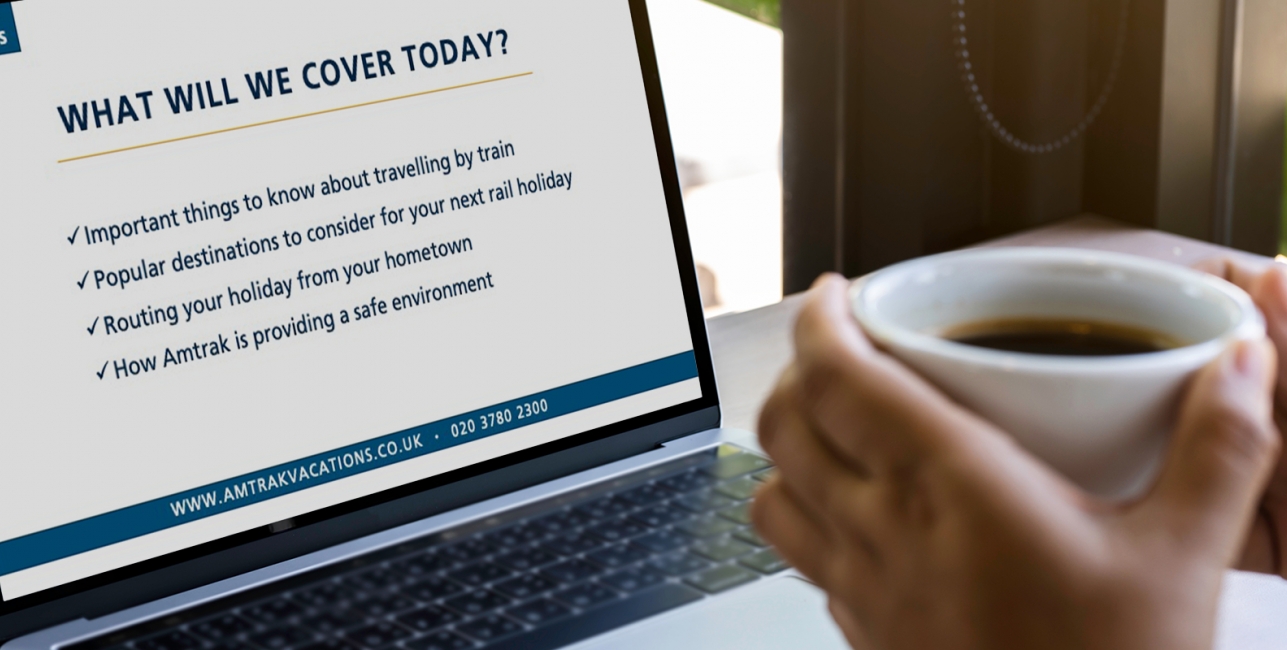 Amtrak Vacations webinar preview screen while someone holds a cup of coffee