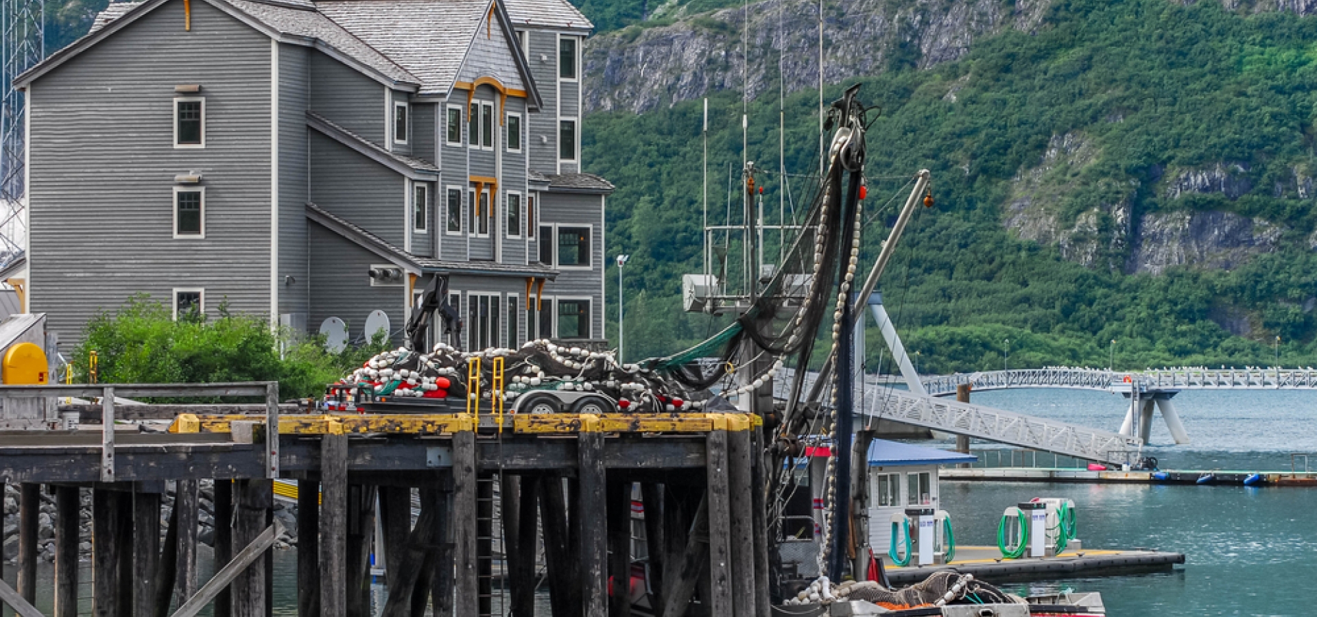 Scenic fishing pier in Whittier Alaska on Prince William Sound