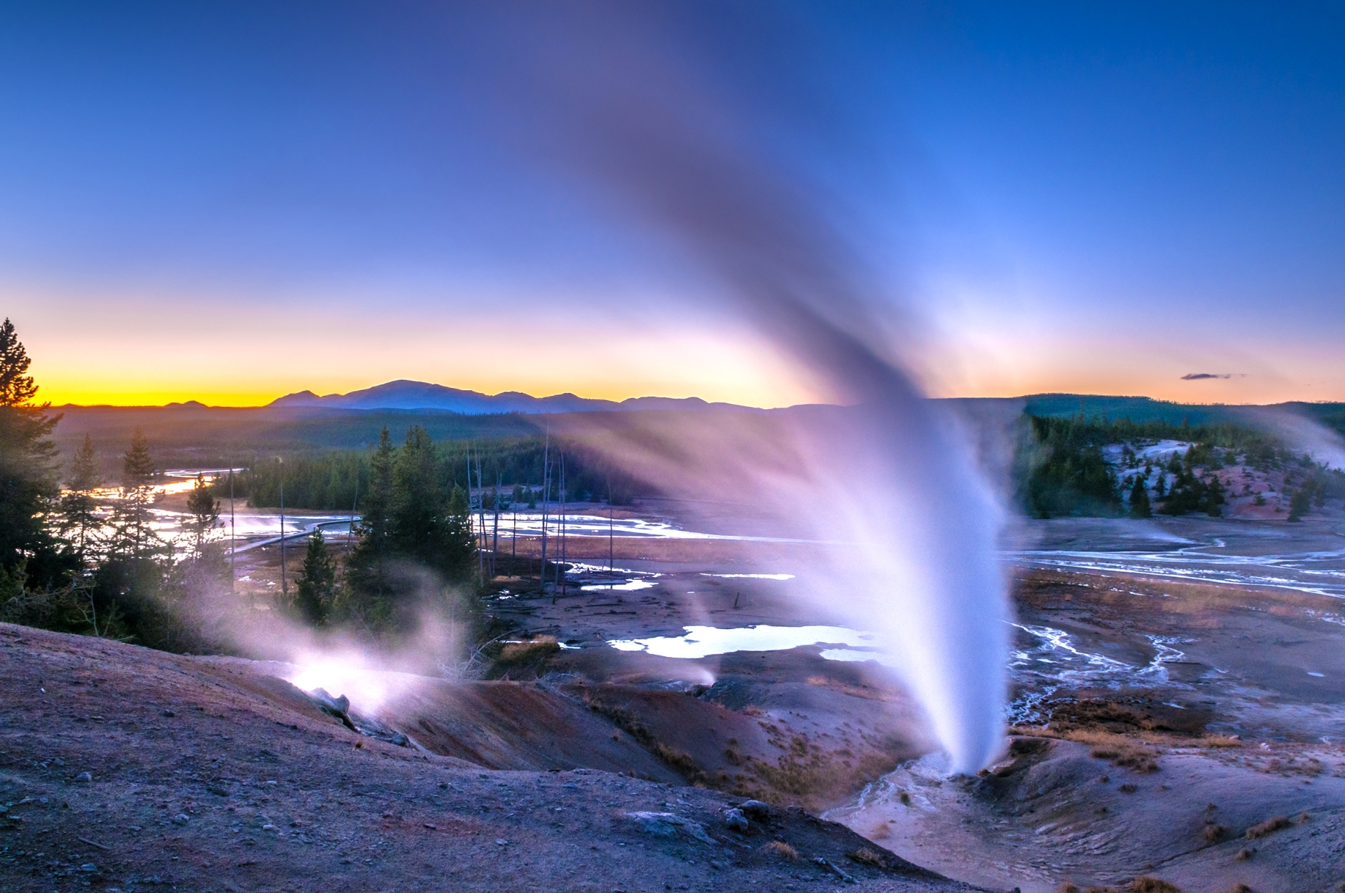 Beautiful Vibrant Geysers in Norris Basin Yellowstone after Sunset