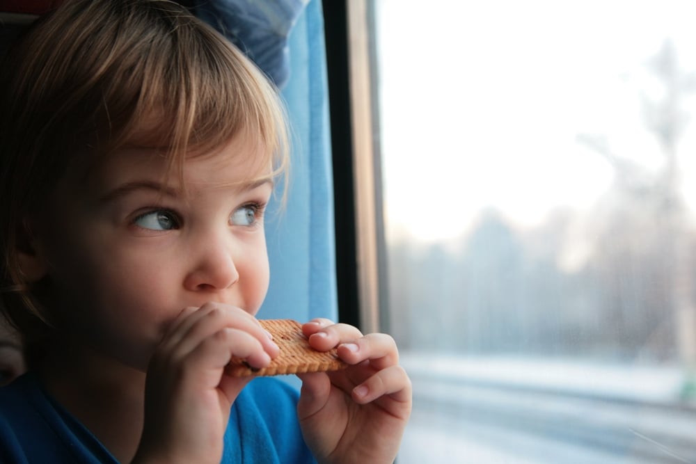 Little girl eating a snack on the train